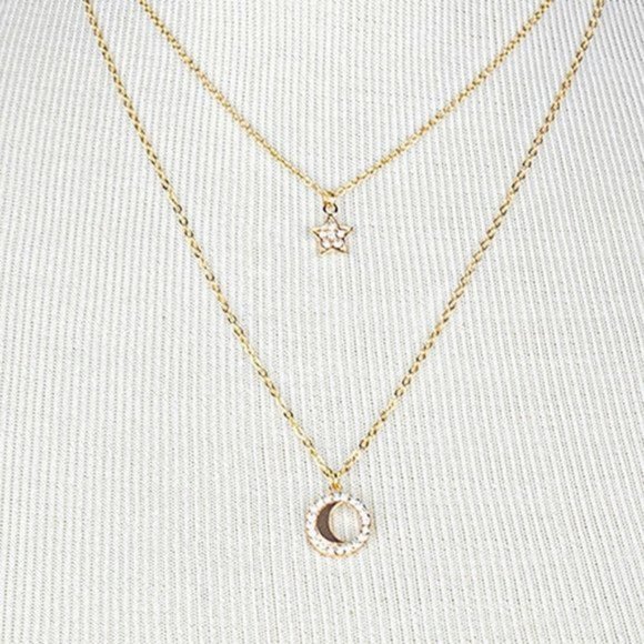 NEW Gold Moon Star Pendant Double Dainty Necklace - Picture 6 of 8